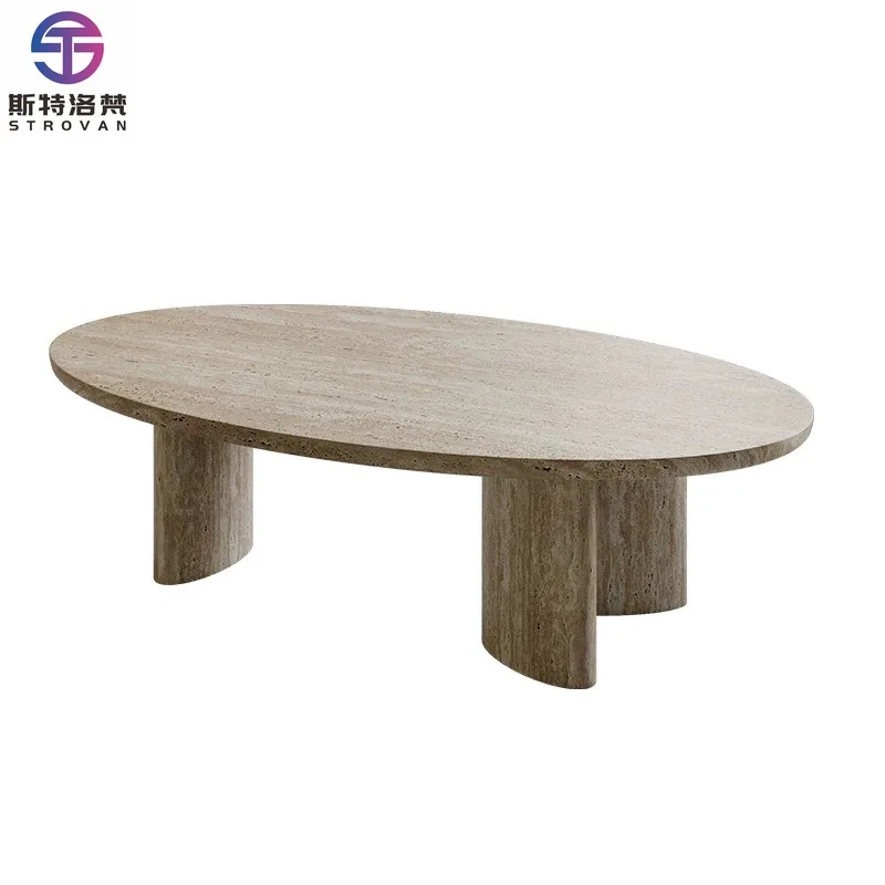 

Modern Minimalist Style Oval Shape Side Table Luxury Beige Natural Travertine Coffee Table for Living Room