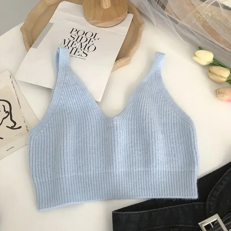 Tanks Women Crop Tops Knitting All-match Spring Solid Simple V-neck Ulzzang Casual Fashion Hotsweet Slim Cozy Female Sleeveless