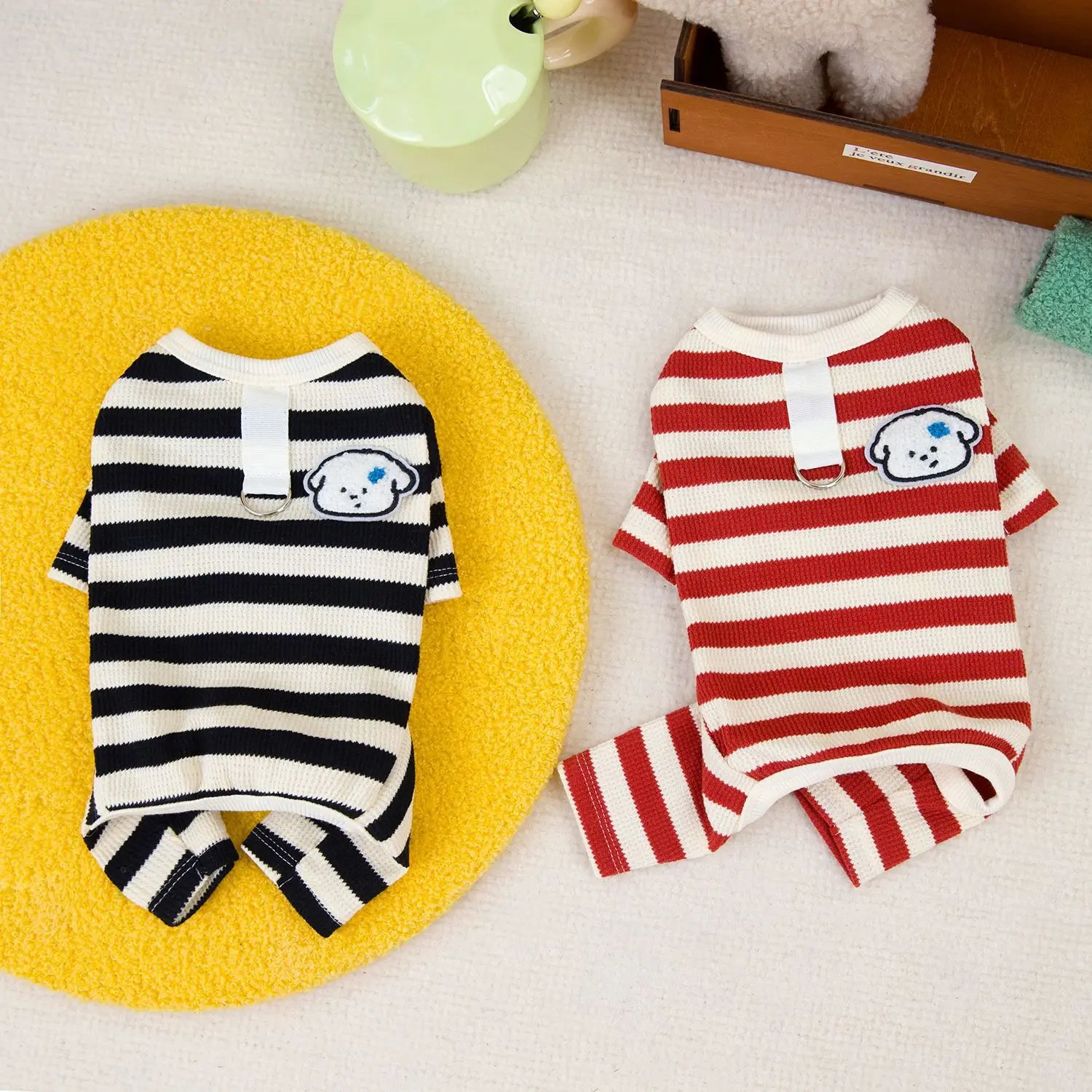 New Dog Clothes Striped T-shirt Warm Dog Long Sleeve Hoodie Cartoon Puppy Fashion Design Pet Four-legged Clothes