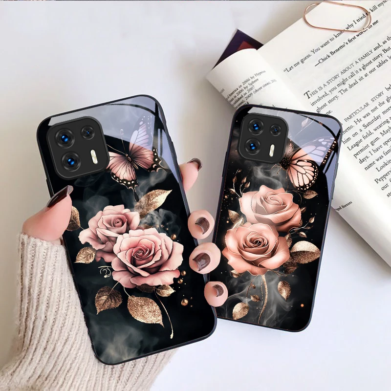 Butterfly Love Pink Rose For Motorola Moto G14 24 34 35 45 54 55 75 84 85 Stylus Edge 30 40 Neo 50 Ultra Play glass phone case view 4