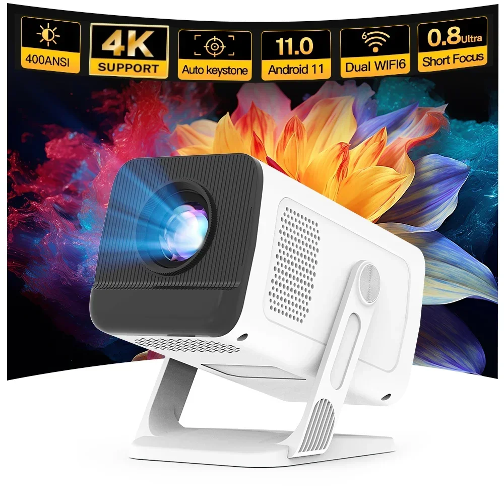 Mini Projector with Wifi6 and BT5.4 1080P 4K Support Android 11 Auto Keystone 180° Flexible Portable Beamer for Home Theater Use