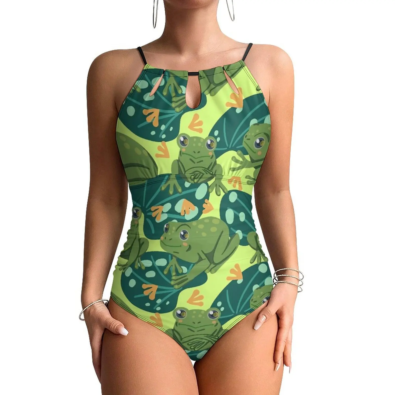 Cute Frog Swimsuit Water Lily Leaves One-Piece Swimwear Push Up Stylish Bathing Suits Sexy Sport Graphic Swimsuits