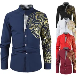 Men's Business Shirts Men Dress Shirt Casual Streetwear Black Gold Stamping Printed Shirt Design Turn Down Collar Male Tops