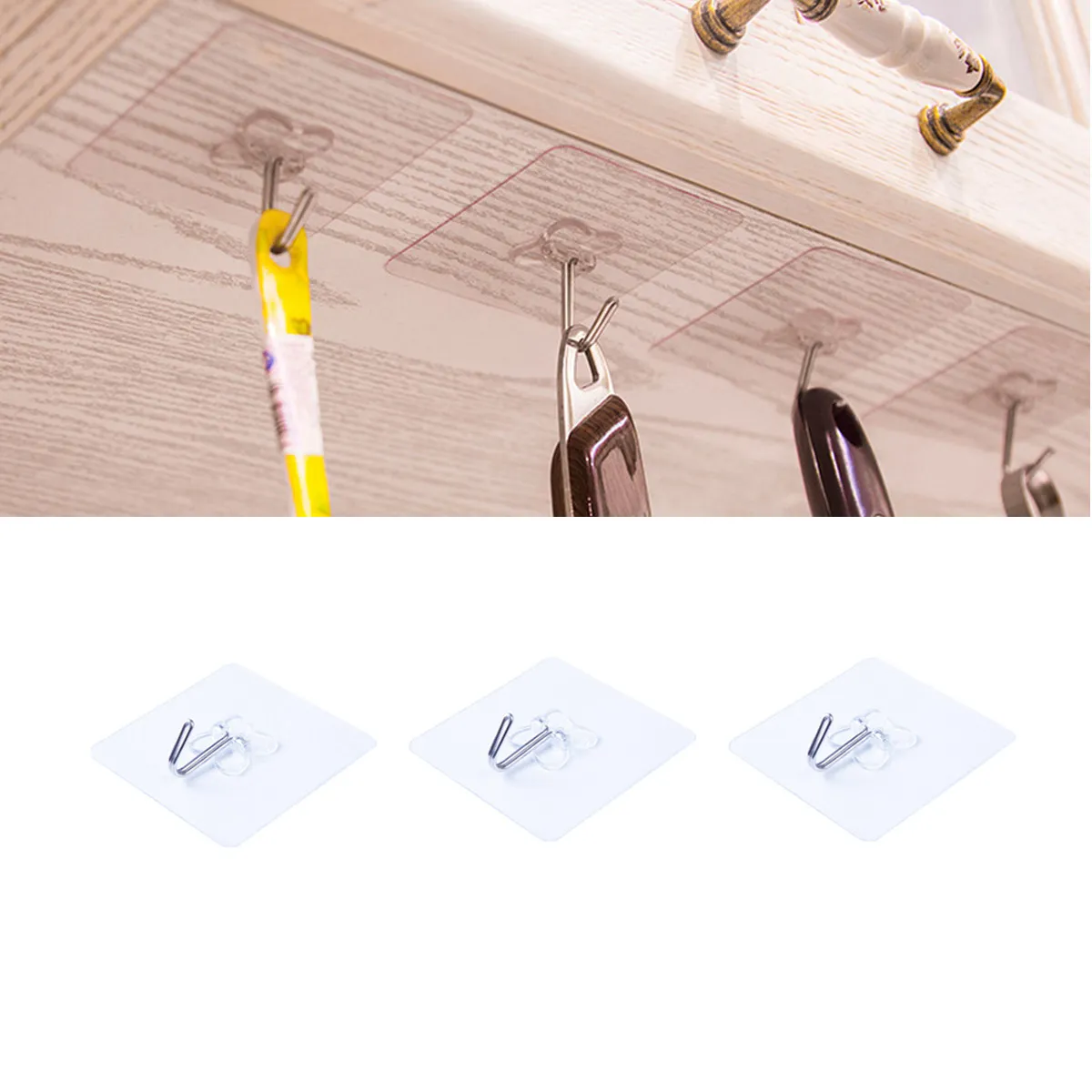 6Pack Adhesive Waterproof Hooks Transparent Heavy Duty Strong Sticky Hooks Nail Free Reusable for Bathroom Kitchen Wall Ceiling