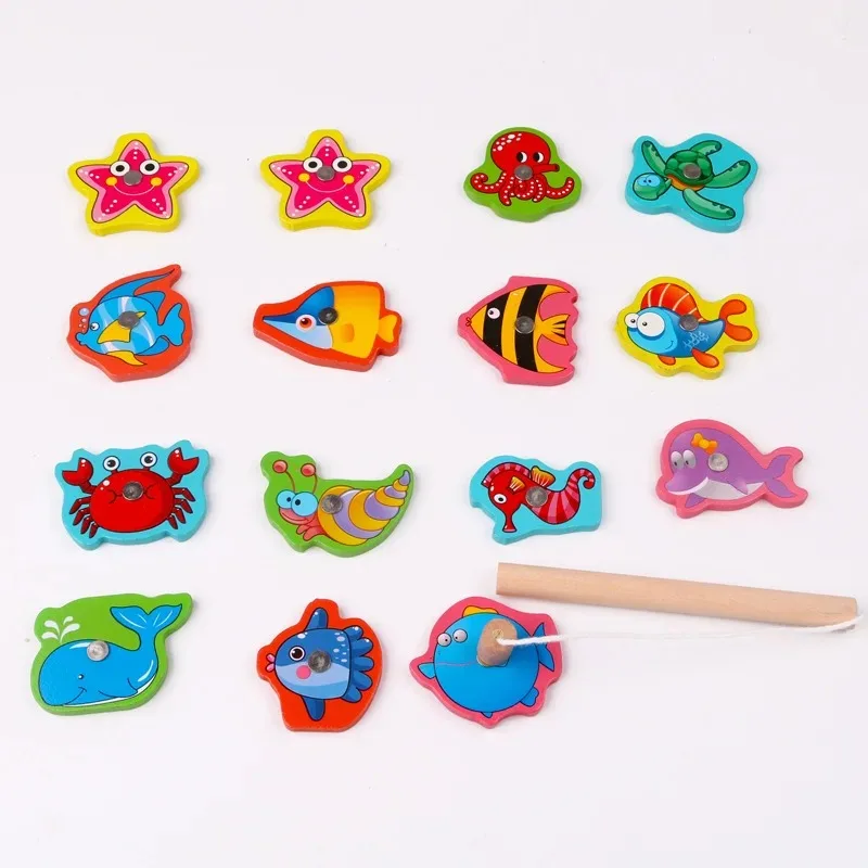 Montessori Wooden Magnetic Fishing Toys Marine Life Cognition Fish Games Early Educational Toy for Kids Parent-child Interactive