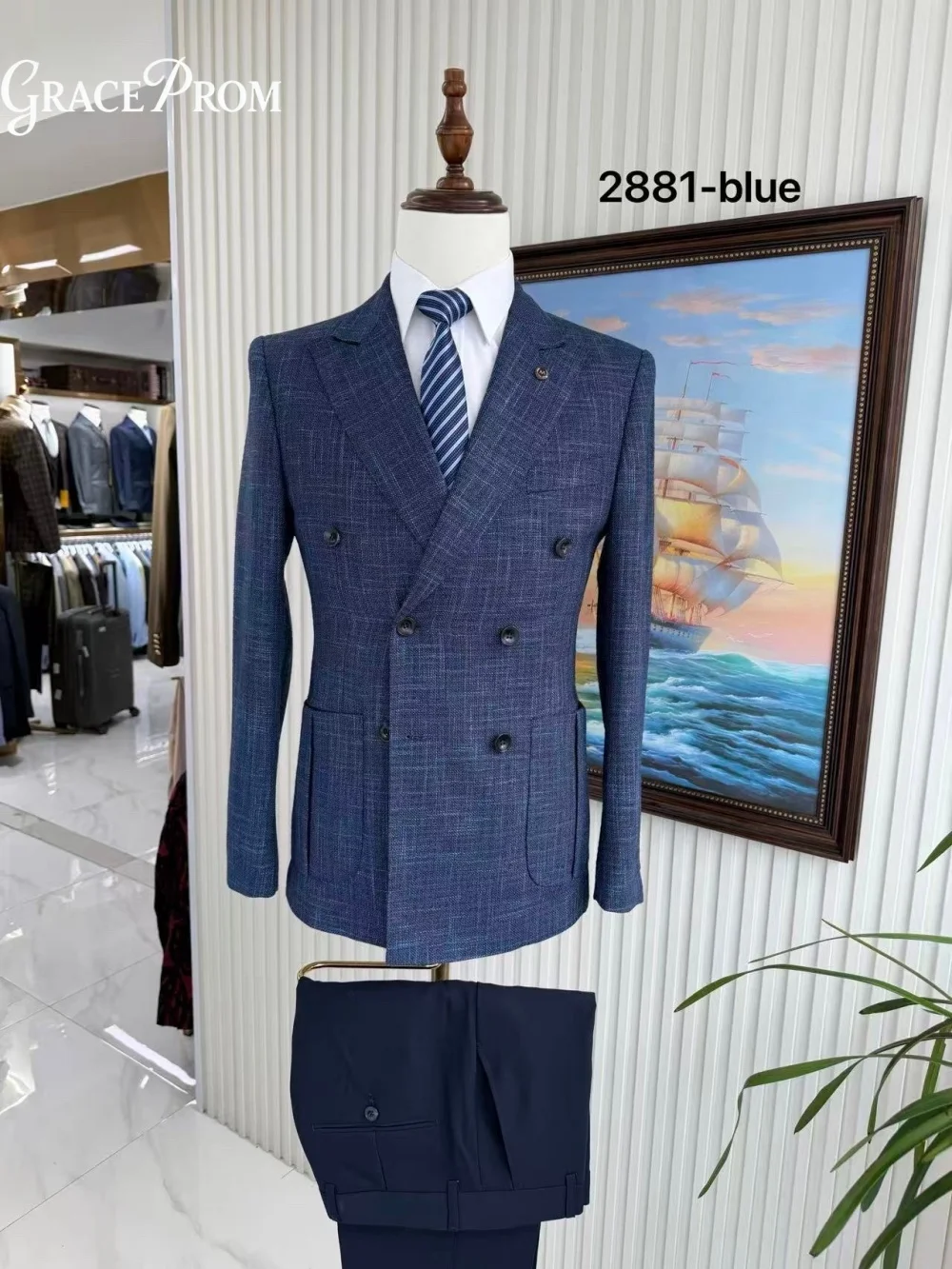 Classic Textured Double Breasted Men Suit Notch Lapel Business Wedding Groom Suit 2027 2PCS Blazer Pants Formal Costume Homme