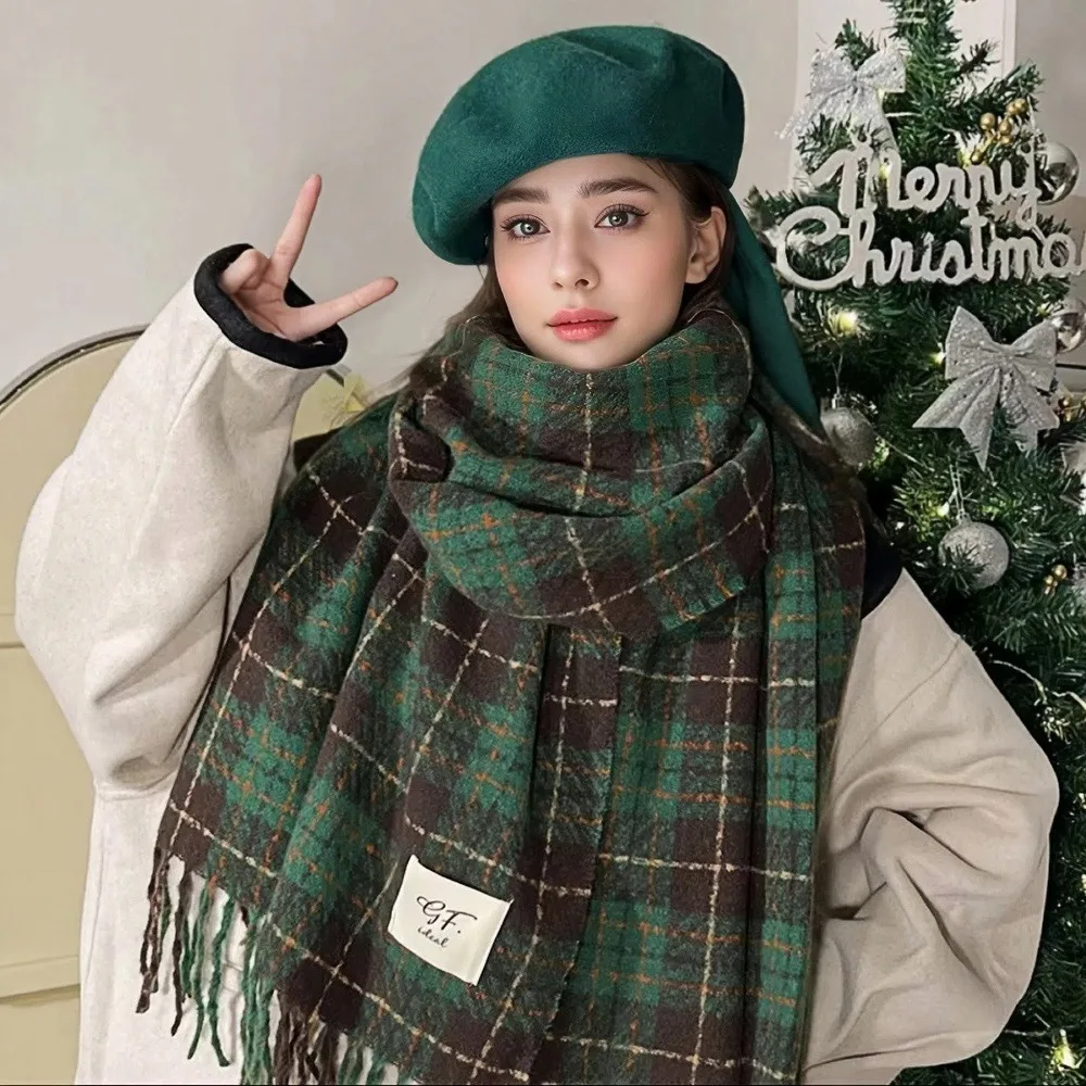 

Winter Imitation Cashmere Warm Scarf for Women Double-sided Pashmina Thickened Luxury Green Scarf Christmas New Year Gift Shawl
