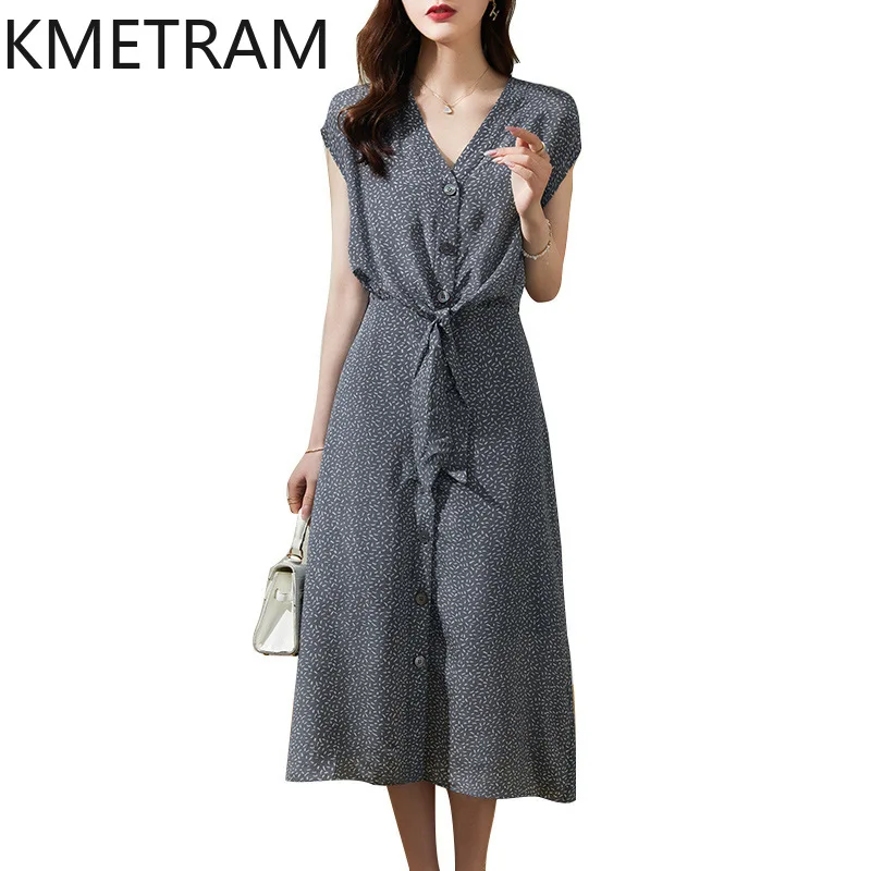 KMETRAM Mulberry Silk Floral Tea Dress for Women 2024 French Campanula Women's Skirt Summer Short Sleeves Mid-length Dresses