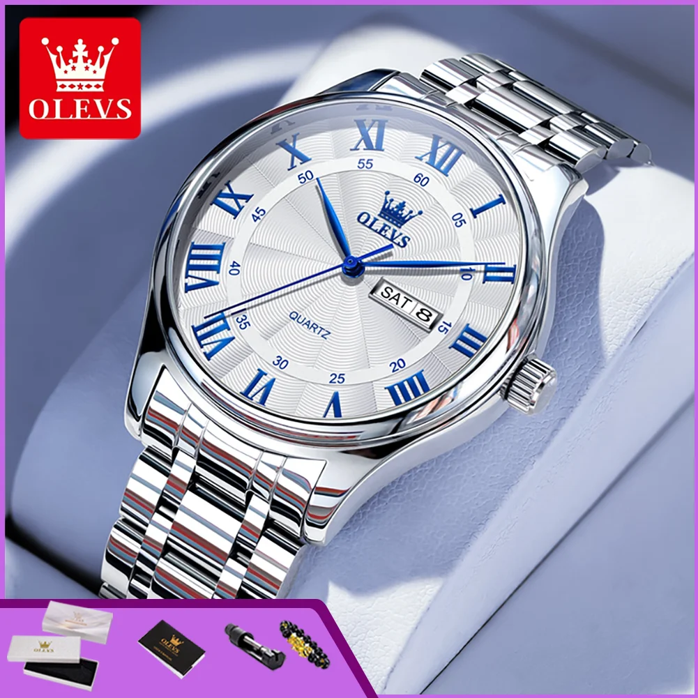 OLEVS 3663 Original Quarz-Armbanduhr für Herren Wasserdicht Doppelkalender Automatisches Datum Römisches Zifferblatt Klassische Business-Herrenuhren