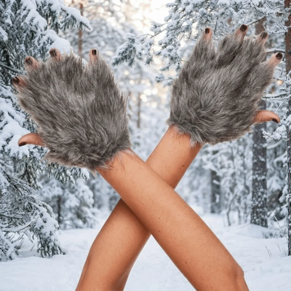 Material Werewolf Paw Mitten Hairy Fluffy Texture Halloween Costume Gloves Lolita Gray Color Cosplay Wolf Claws