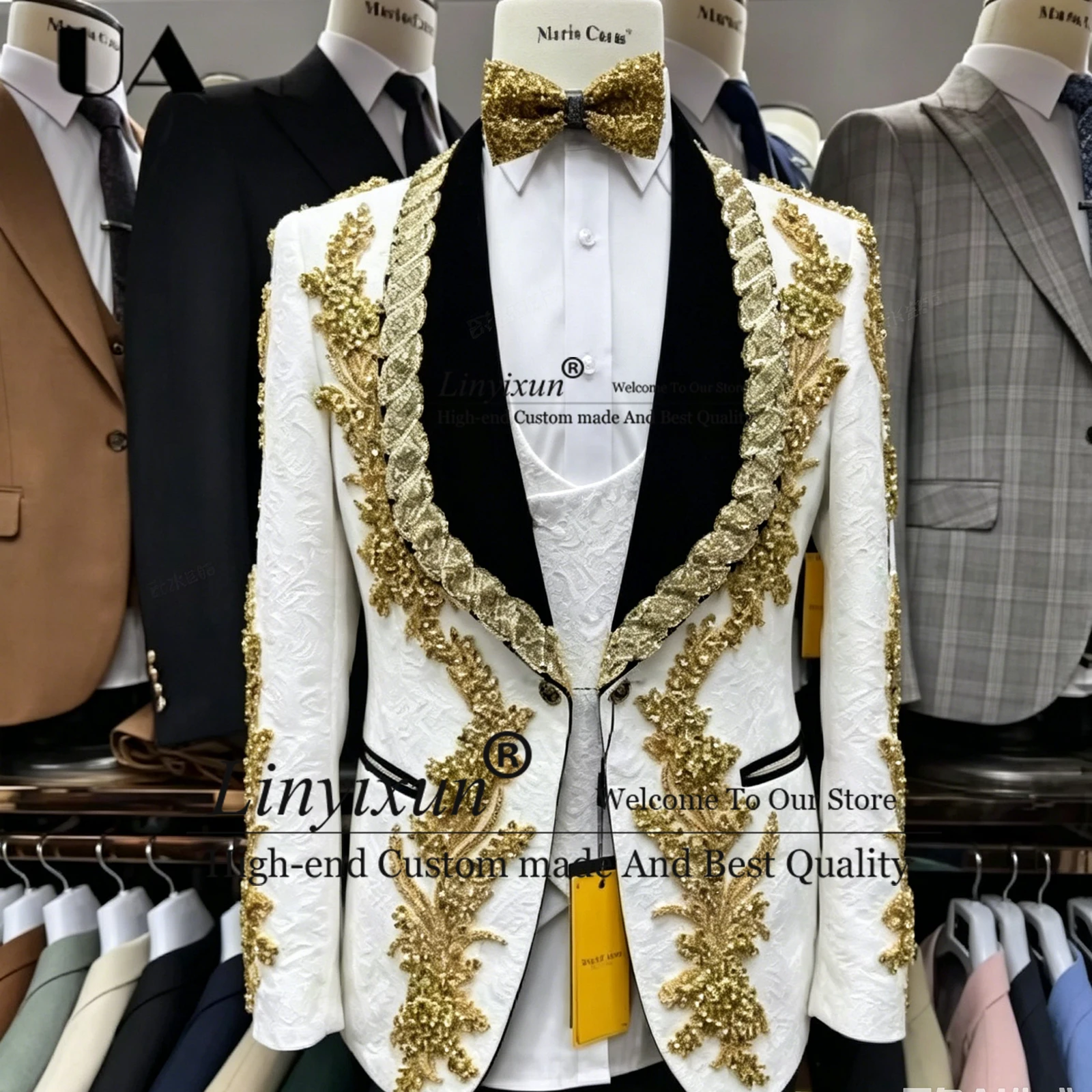 

Luxury Rhinestone Embellished Tuxedo Men's Suit 3 Pieces Slim Fit Shawl Lapel Wedding Prom Formal Set Custom Made costumes homme