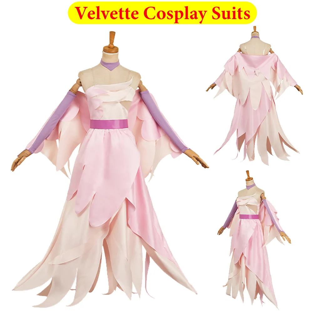 

Women Velvette Cosplay Costume Anime Hotel Roleplay Clothing Pink Dress Neckwear Outfits Halloween Carnival Dress Up Party Suit