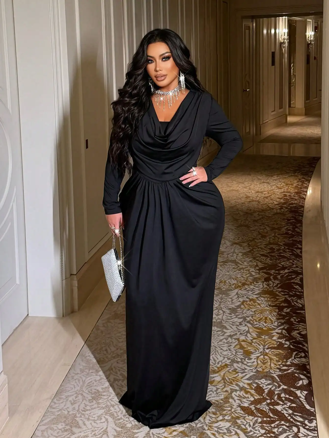 

Plus Size Black Long Sleeve Draped Cowl Neck Waist-Cinched Maxi Dress