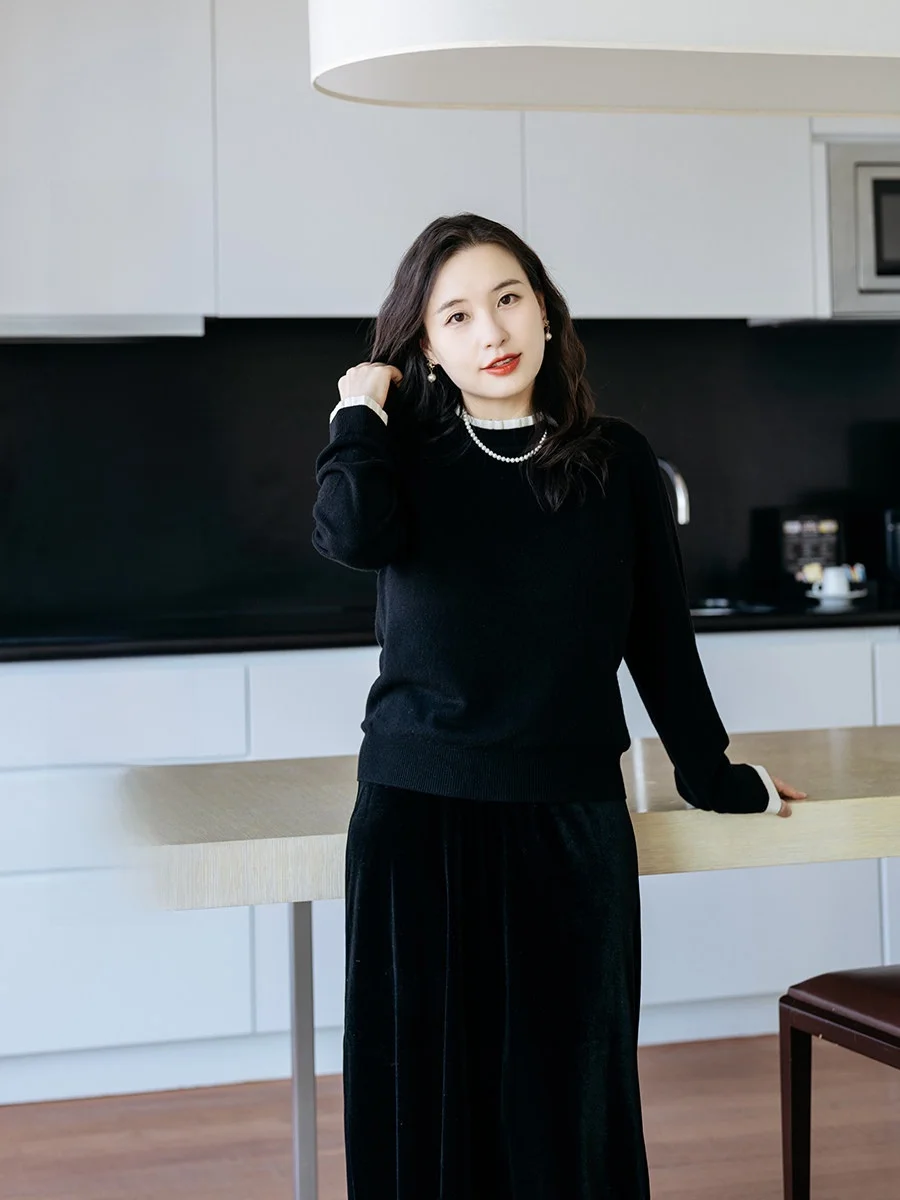 

Apipedr 00% Wool Knitted Sweater with Ruffle Collar Color Blo Base Layer Late Cysanthemum Blooming Simple Sle