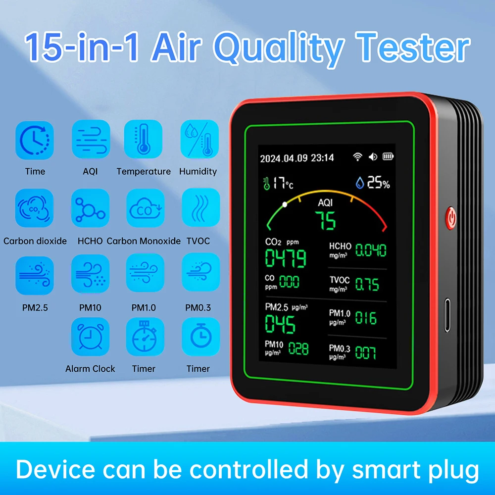 

WiFi Smart Air Quality Detector App Control AQI PM0.3 PM1.0 PM2.5 PM10 CO CO2 TVOC HCHO Detector with Alarm Works with Tuya