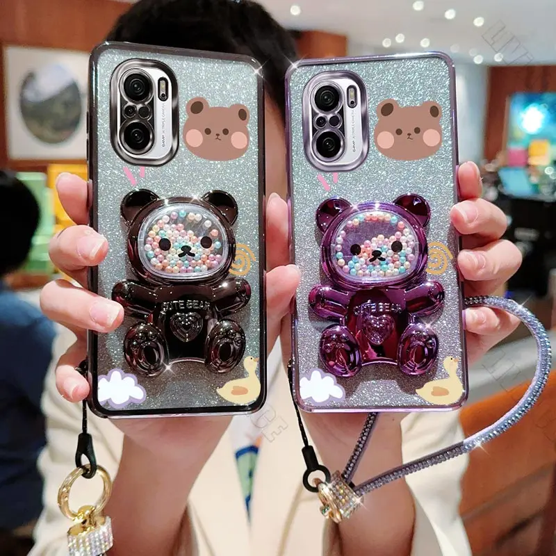 K 30 K 40 K 50 Diamond Strap Bear Patten Phone Holder Case For Xiaomi Redmi K30 K30S K40 K40S K50 K60 K60E K70 K70E Stand Cover