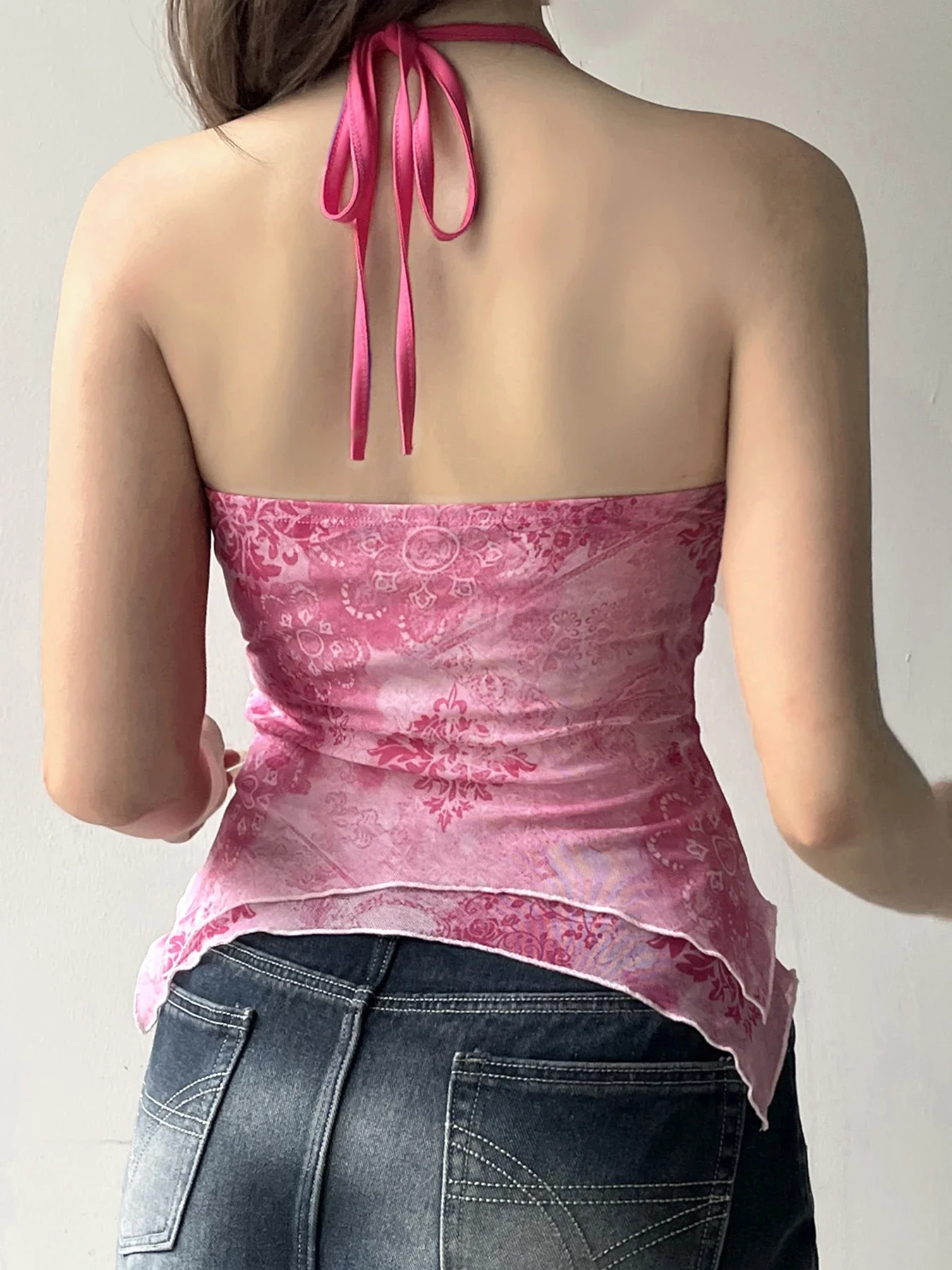 Fashion Retro Chic Prints Mesh Halter Tops Summer Design Beading Backless Skinny Folds Blouses