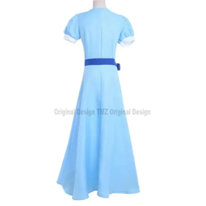 Peter Pan Wendy Cosplay Costume Women Blue Long Dress Half Sleeve Party Princess Dress Adult Halloween Dress with Belt Bowkno72b