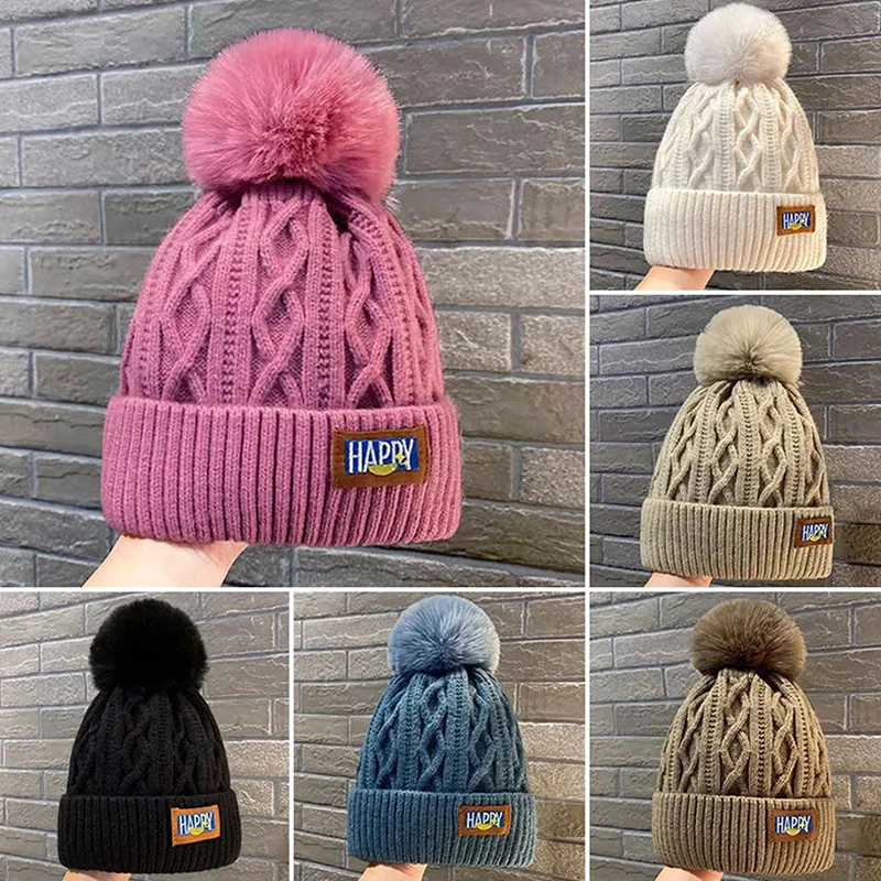 Korean Knitted Cold Hats Faux Fur Embroidery Letter Beanie Female Soft Solid Color Crochet Cap Winter Plus Velvet Warm Wool Hat