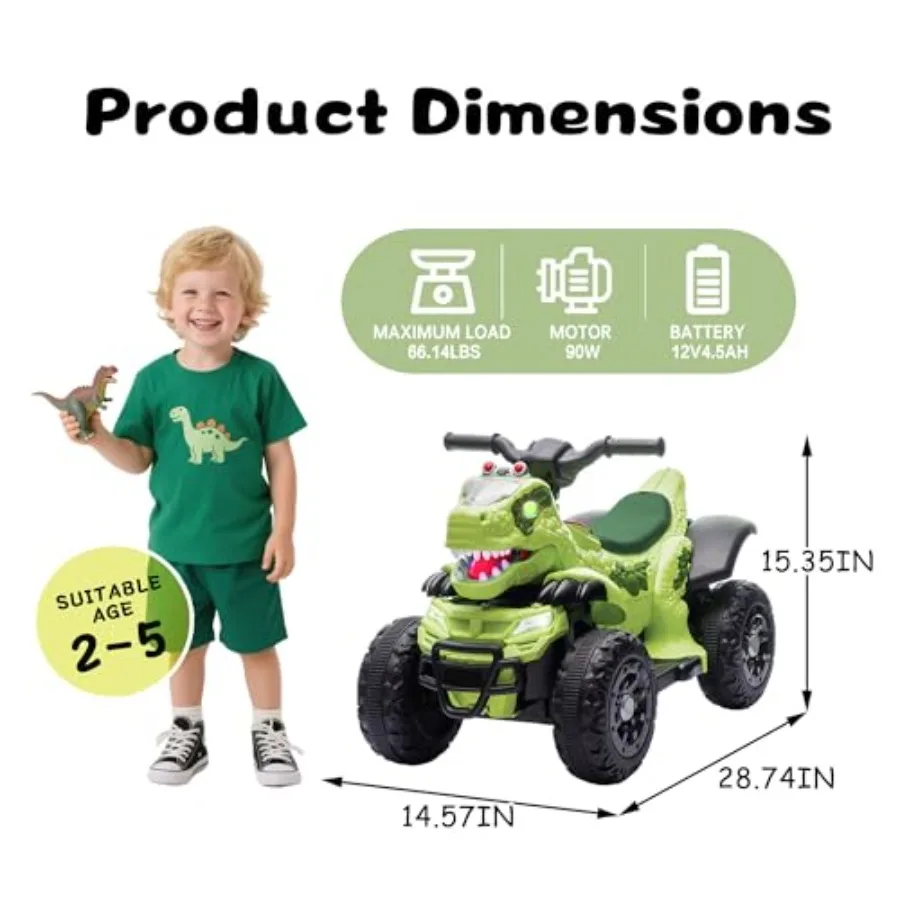 Electric Ride On Dinosaur ATV for Age 312V Electric Car with 4 Wheelers Ride On Toy with Music Bluetooth and LED Lights Birthda