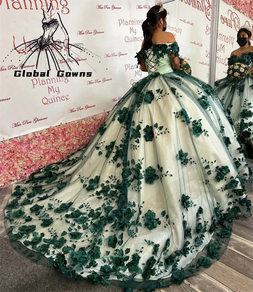 green emerald velvet dress Nuevo vestido de quinceañera verde esmeralda con hombros descubiertos –  MyChicDress