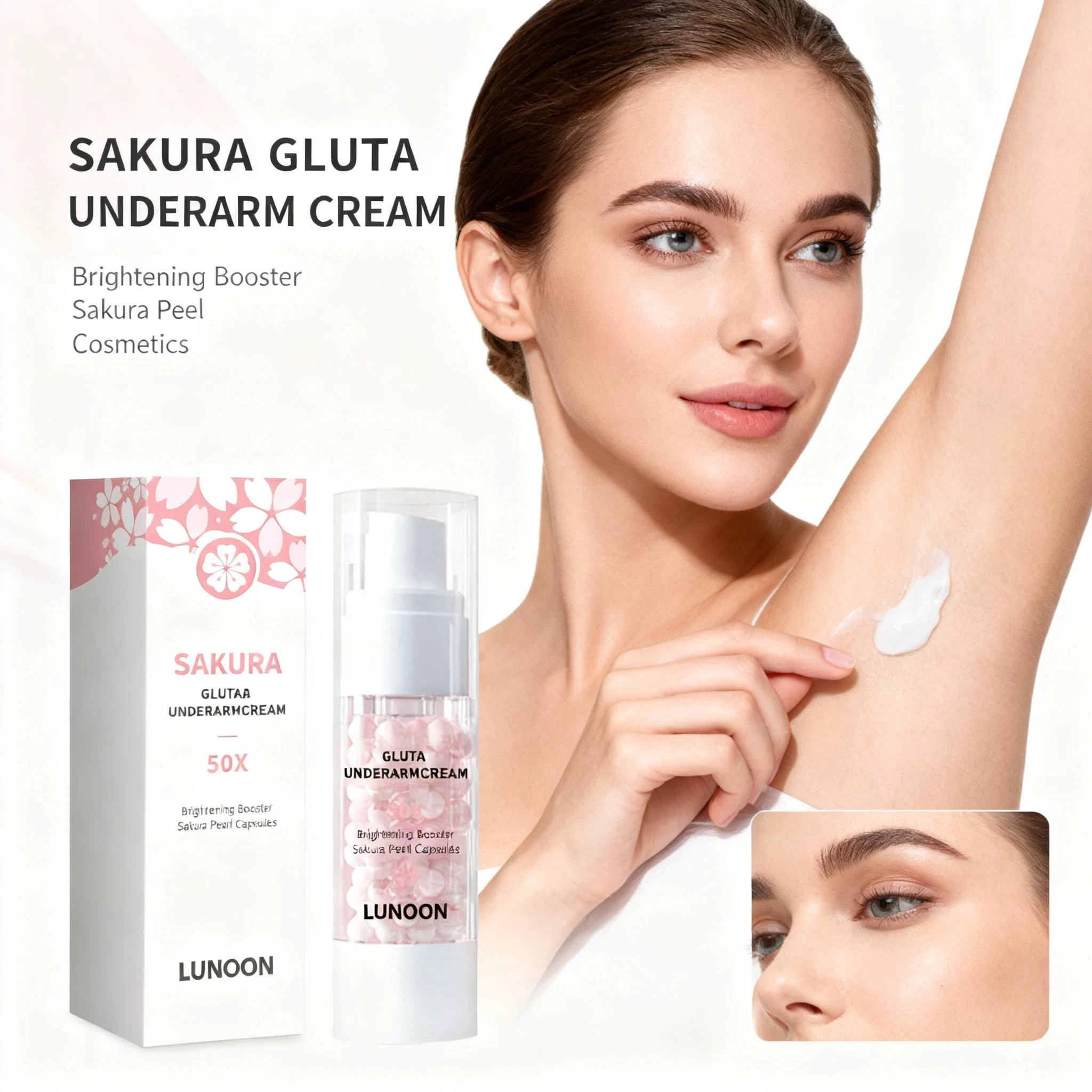El efecto blanqueador de crema iluminadora para axilas contiene cápsulas de perlas de Sakura, suavizante y reparador de la piel