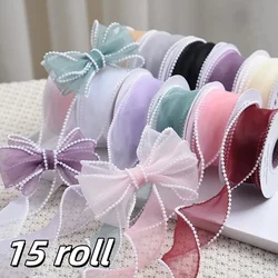 Organza Ribbon with Beads Wavy Edge Ribbon For Flower Bouquet Gifts Packaging Wedding Party Decoration Sewing Supplies DIY Craft