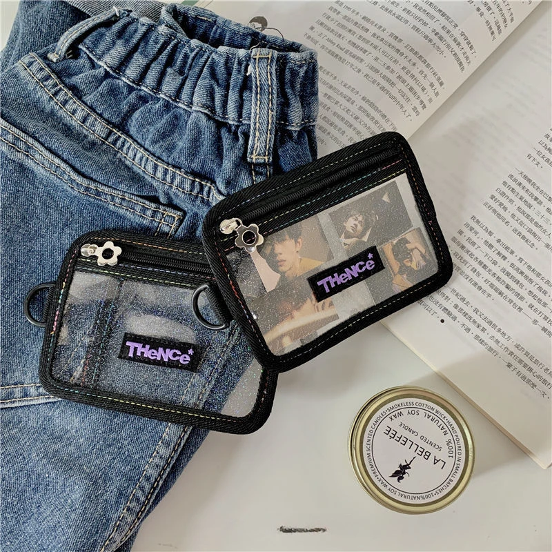 Black ID Holders Women Korean Fashion Blingbling Sweet Girl   PVC Credit Cards Zipper Portable Students Card Cover