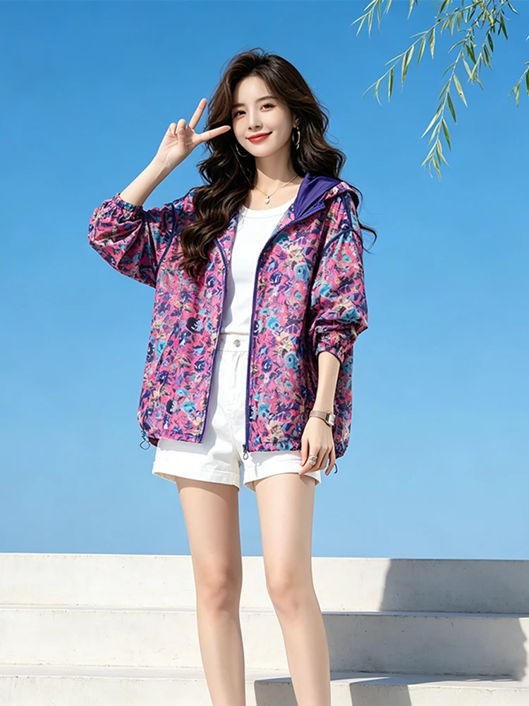 Floral Print Hooded Lightweight Breathable Women's Summer New Style Sun Protection Outerwear Elegant Straight Cut Long Sleeve