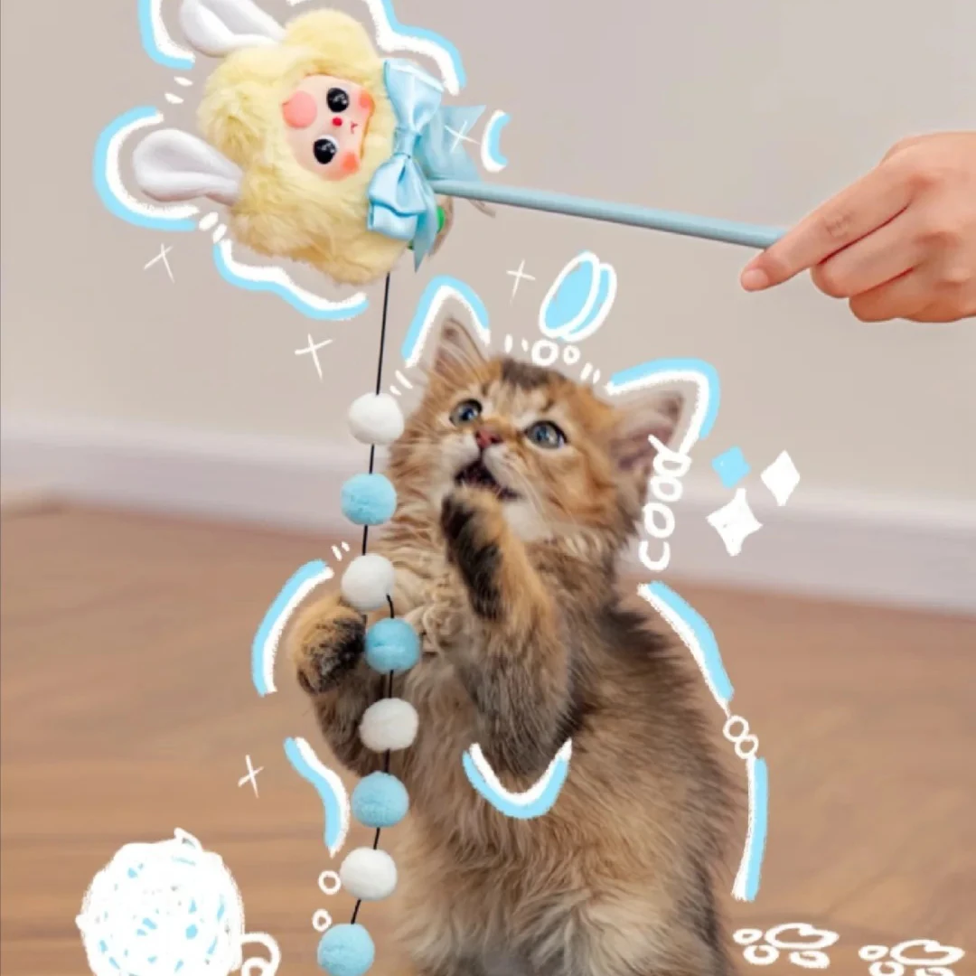 

Baby Three Cat Teasing Stick Plush Interactive Toy with Small Bell Trendy Blind Box Pet Gift for Cat Lovers Warm Interactive Toy