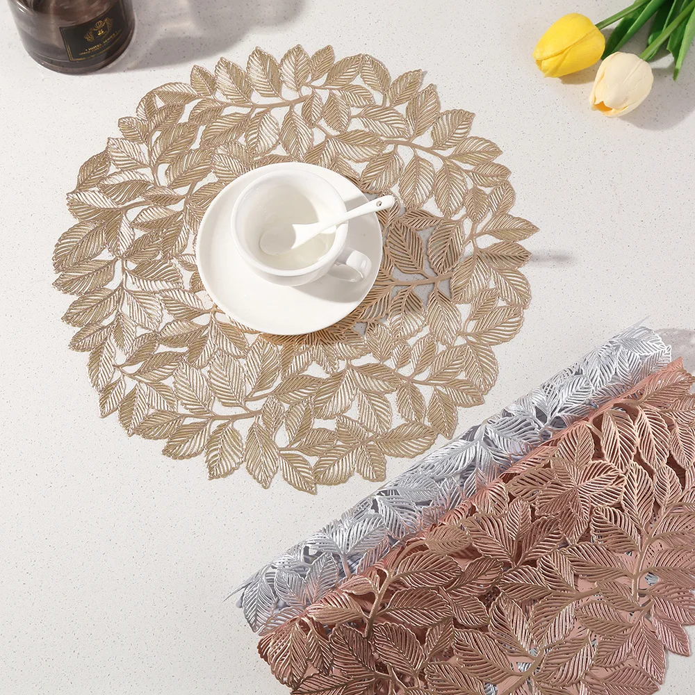 

Round Hot Stamping Table Mat, Waterproof, Non-slip, Thermal Insulation, Western Placemat, Gold, Silver, Hollow, Elm Leaf