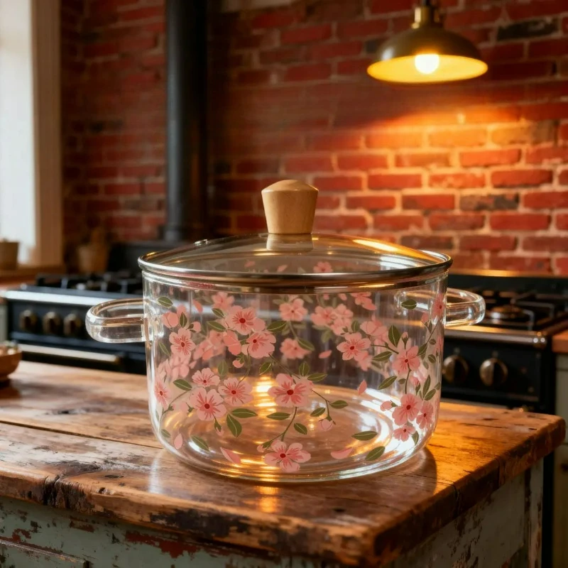 3500ml Sakura Glass Cooking Pot Borosilicate Heat Resistant Soup Bowl Cooker with Lid for Gas Stove Open Fire Large Kitchen Set