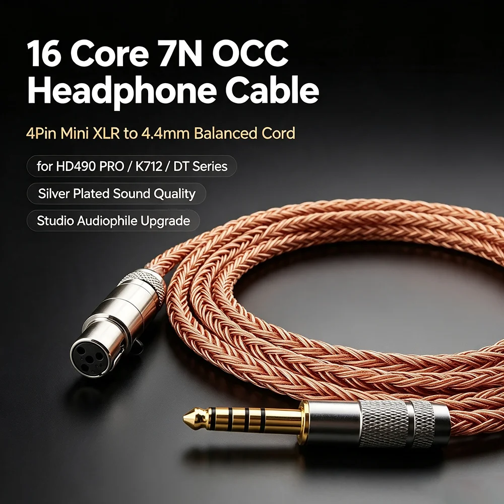 16Core OCC Balanced Headphone Upgrade Cable 4Pin Mini XLR 4.4mm Cord for Sennheiser HD490 pro AKG K712 Beyerdynamic DT Series Au