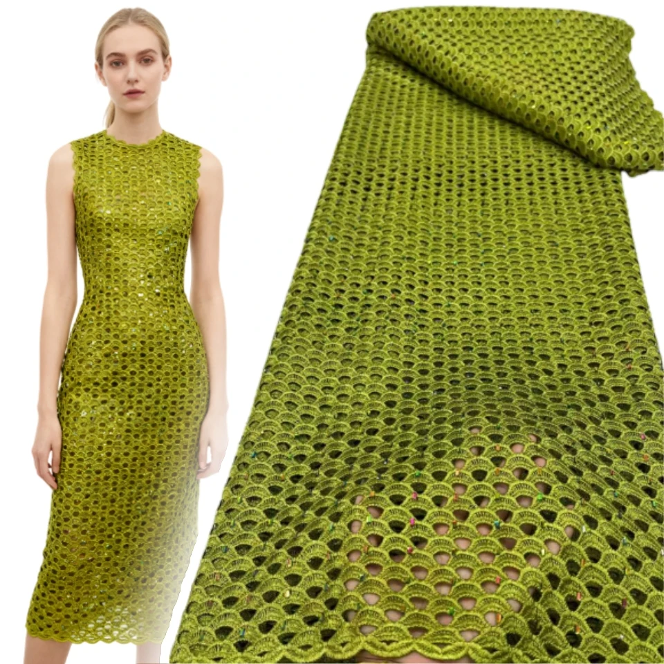 

2025 Latest High Quality African Nigerian Water Soluble Cord Lace Fabric Embroidery Crystal Stone Cotton Party Dress TP1796