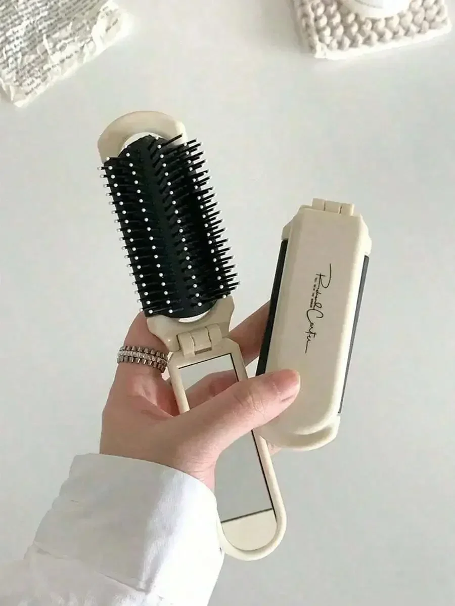 

Foldable Comb - Cream Color, Portable With Built-In Mirror,Hair Brush,Comb,Hair Tools,Hair Products And Accessories For Barber