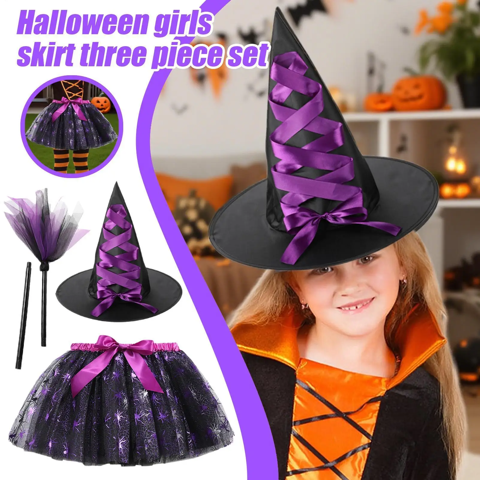 Halloween Girl Skirt Halloween Kids Witch Costume Dress Set Breathable Clothes Party Supplies for Dress up Events Birthday