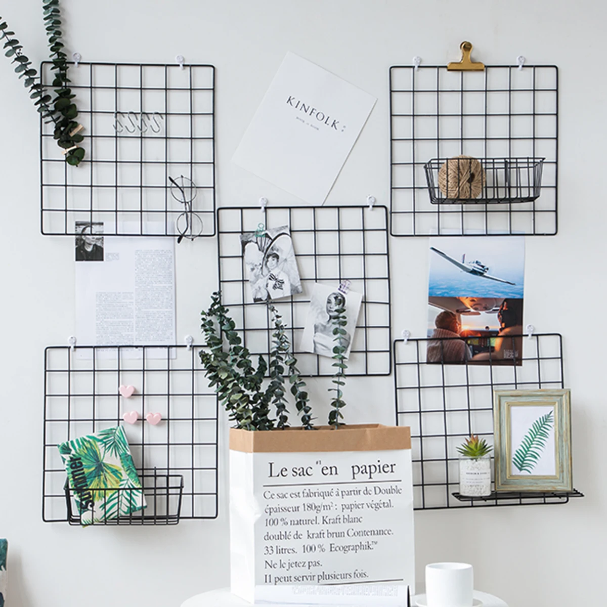 

Hanging Photo Frame Metal Wall Mesh Grid Bedroom Living Room Iron Photos Storage Rack Home DIY Decoration (Black)
