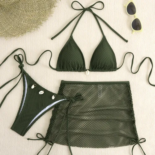 Nuevos Bikinis de red sexis, trajes de baño para mujer, traje de baño de tres piezas para mujer, ropa de baño para playa, trajes de baño, conjunto de Bikini brasileño, bañista para piscina