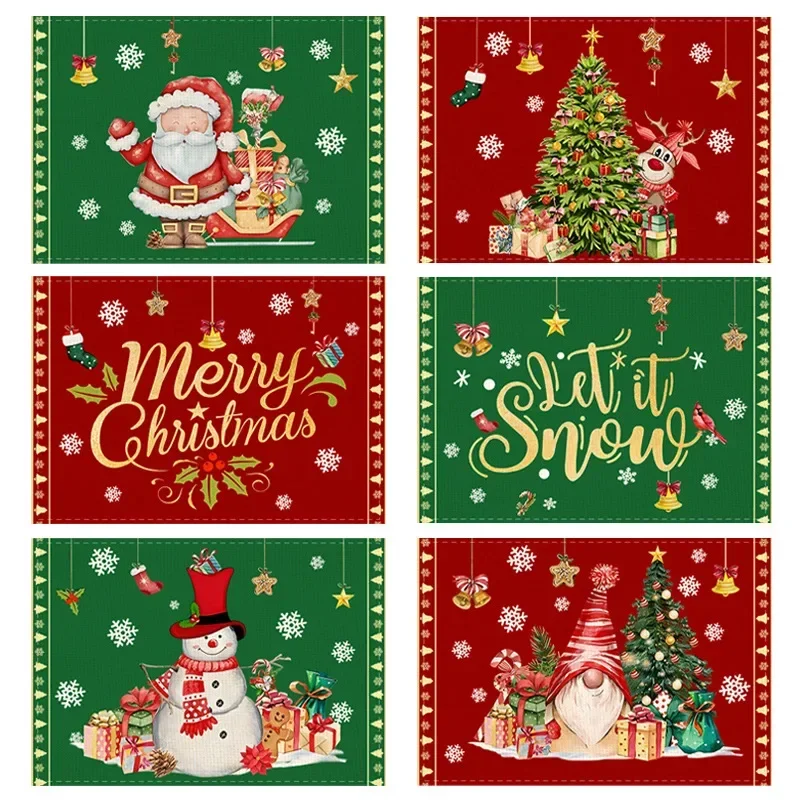 

Christmas Cotton Linen Printed Placemats Linen Solid Color Snowman Holiday Santa Claus Decorated Dining Table Insulation Mats