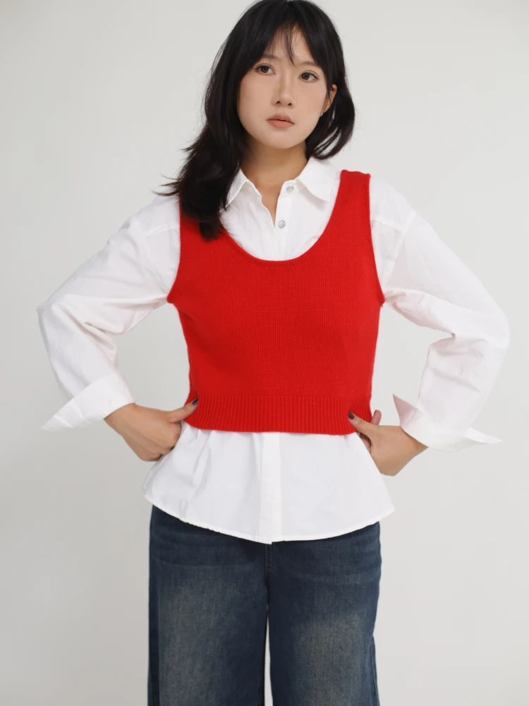 

Basic Retro Pure Color Knitted Vest Low round Ne Sweater Soft Skin-friendly Layering Autumn Faion Women's Straight Cut Top