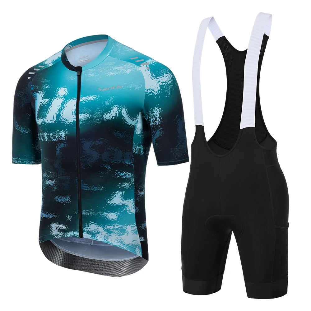 Santic Men's Cycling Suit Summer Short Sleeve Jersey Bib Shorts Breathable Quick Dry Road NTB Riding Clothes KM26CT105