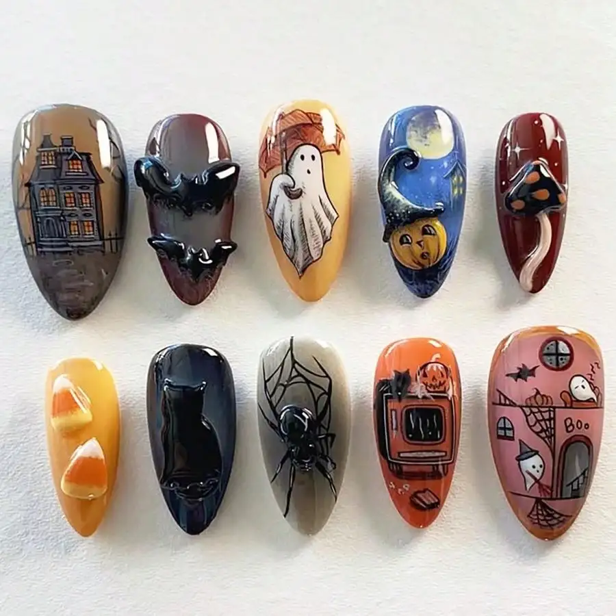 

30Pcs Halloween Press On Nails Almond Medium Fake Nails With 3D Spider Bat Designs Spider Web Ghost False Nails Horror Black Cat Pumpkin Acrylic Nail Tips Ghost Bats Spider Glue On Nails For Women