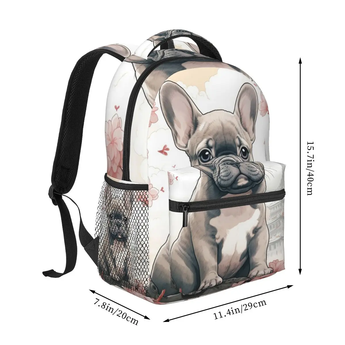 Cherry Blossom And French Bulldog Print Backpack Student Boys Girls BookBag School Bag Laptop Shoulder Bags for Men Women