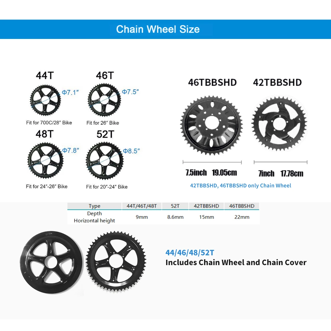 Bafang Chain Wheel Replacement Parts Chainring Ebike Parts 36T 38T 42T 44T 46T 48T 52T for BBS01B BBS02B BBSHD Electric Bike