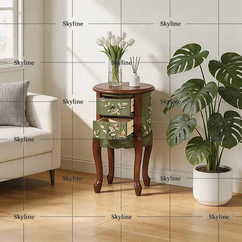 for American Painted Solid Wood Corner Table Retro Small Apartment Living Room Sofa Side Cabinet Round Exquisite Storage