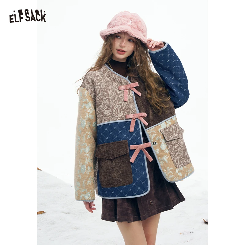 

ELFSACK 2025 Winter New Arrivals Y2K Preppy Casual Pattern Patchwork Bow Button V Neck Coat For Women