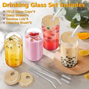 Glasbecher mit Bambusdeckeln und Strohhalmen, Eisglas, Glas mit Holzdeckel, Haushaltsgrund, 550 ml, 2 Stcs, 4pcs 8 Hauptverkäufe Bambusfaserbecher - №5