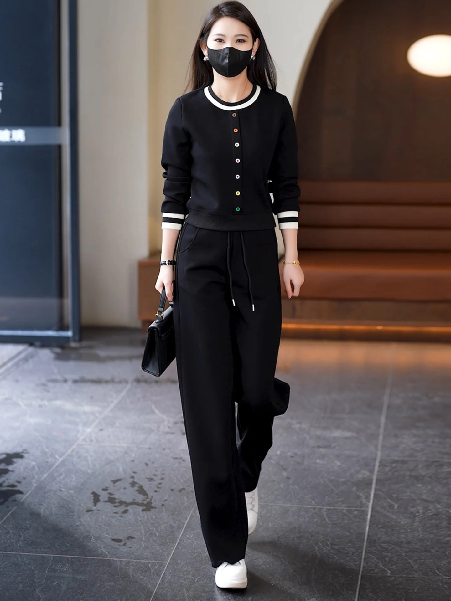Sporty Style Women's Spring Autumn Slimming Color Block round Neck Buttoned Sweatshirt Wide Leg Pants Two Piece Set