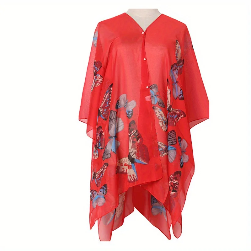 2024 Shawls Summer Beach Sexy Women Fashion Print Chiffon Smock Bikini Cover Up Loose Blouse Sunscreen Comfortable Poncho Hot