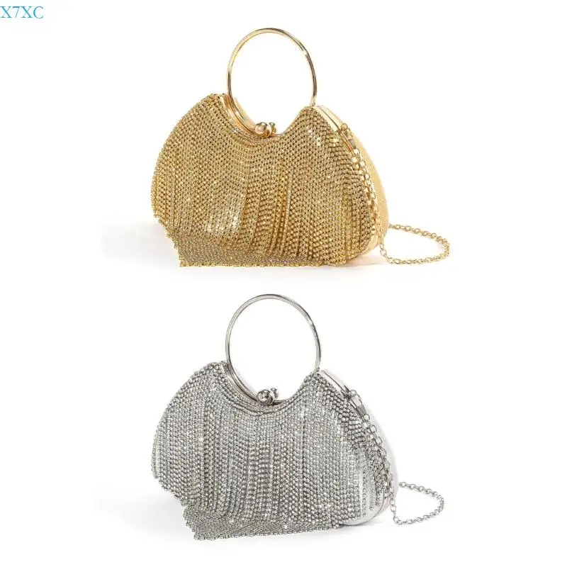 

X7XC Women Tassels Handbag Banquet Bag Rhinestones Evening Bag Chain Crossbody Bag